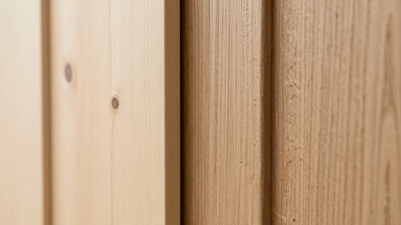 Detail textury světlého smrku a 3D dubových panelů na zdi