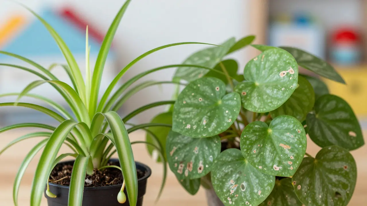 Detailní záběr na zelenec a penízovku, které jsou odolné a vhodné do dětského pokoje.