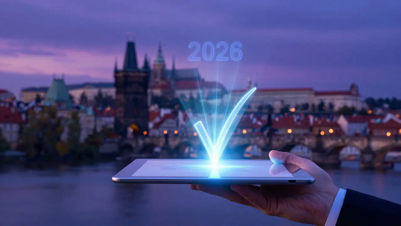 Digitální podpis nájemní smlouvy na tablete s pozadím Prahy