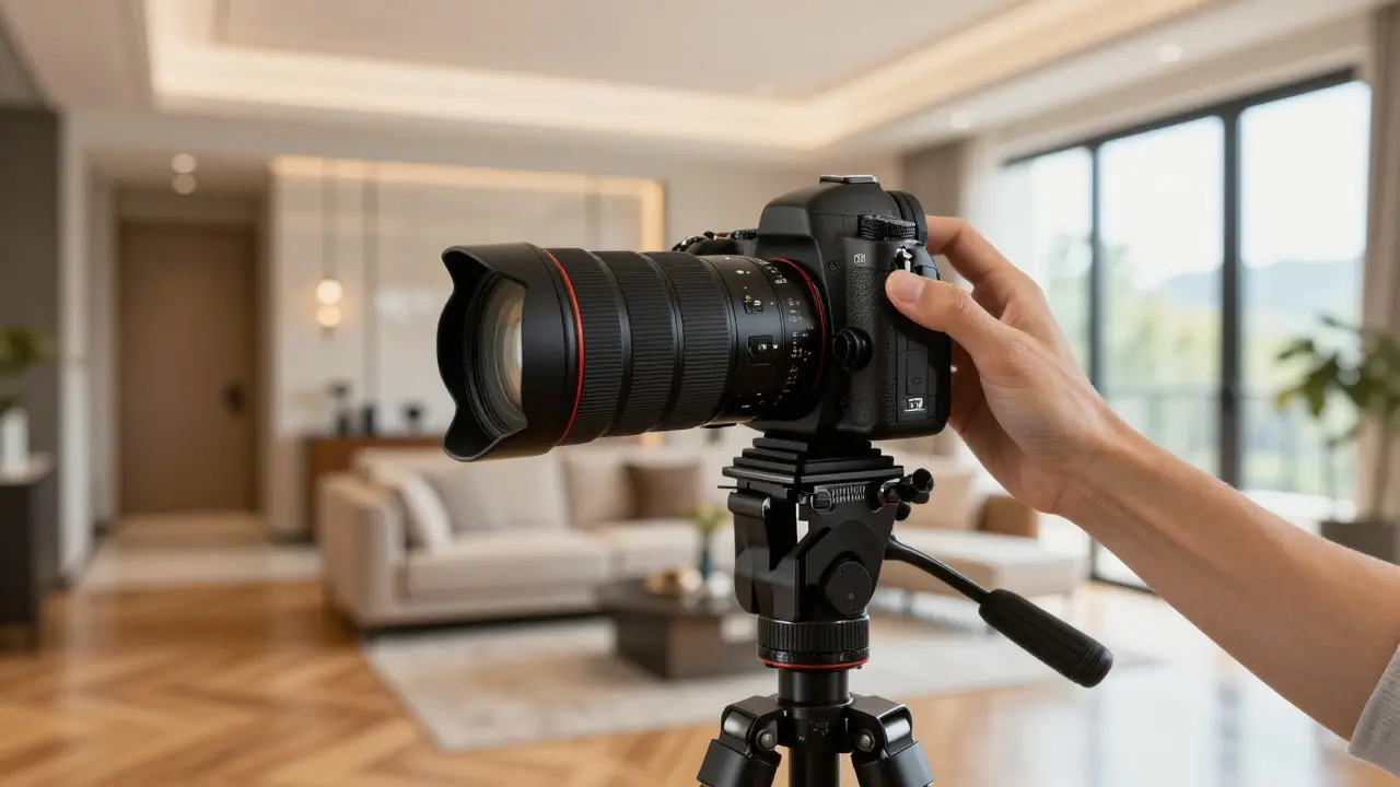 Fotograf nastavuje širokoúhlý objektiv na stativu v luxusním bytě