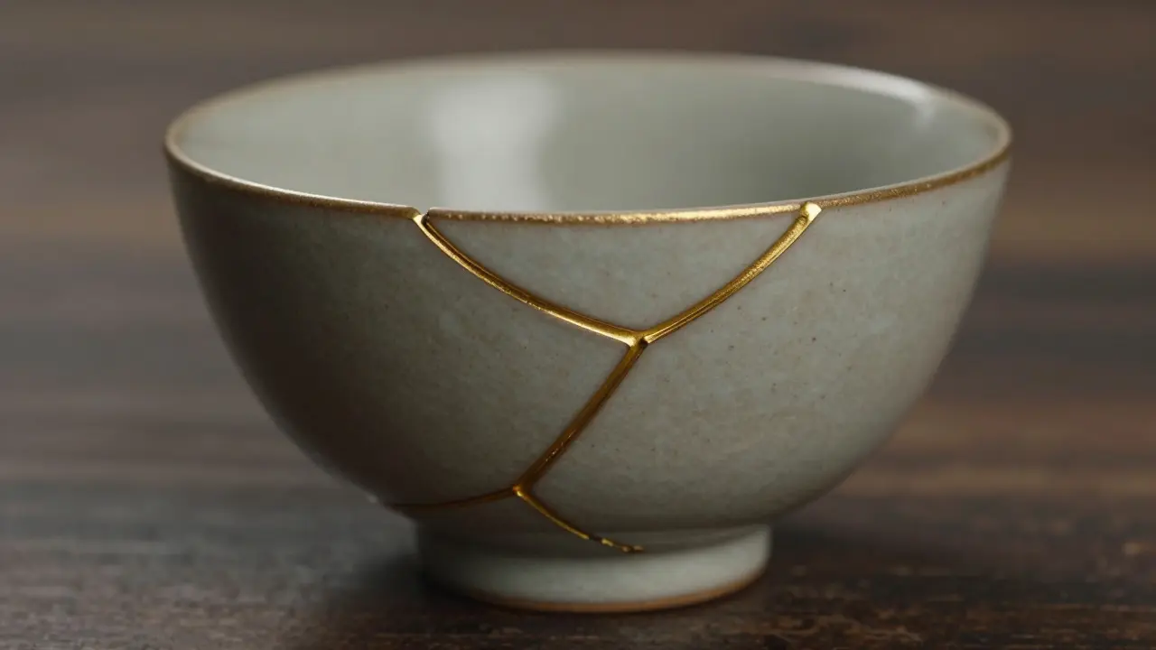 Keramická miska opravená technikou kintsugi se zlatými prasklinami