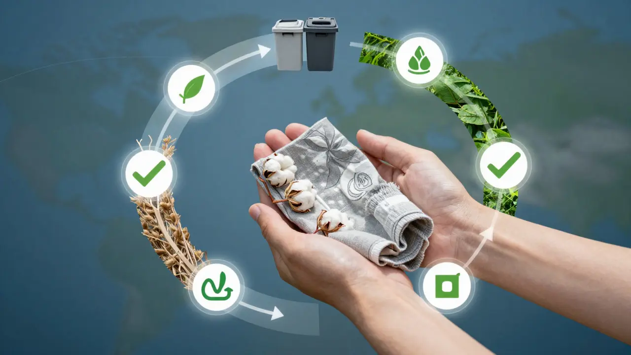 Konceptuální ilustrace životního cyklu udržitelných textilií s důrazem na recyklaci
