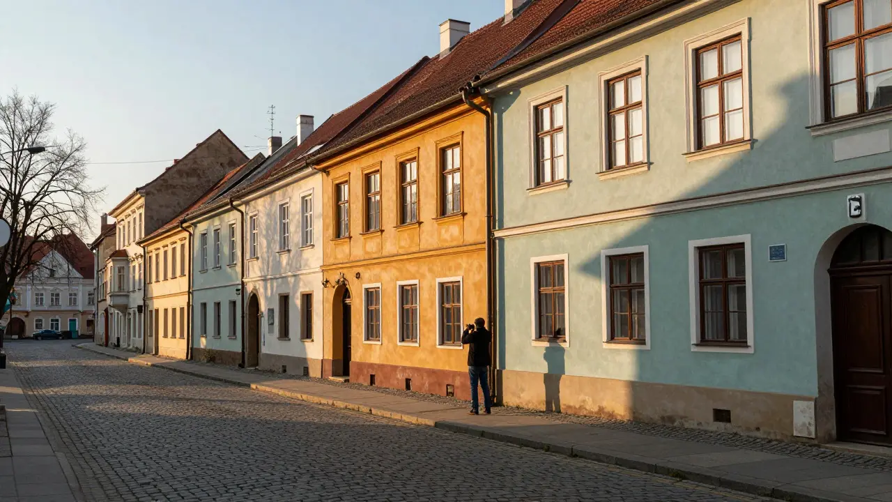 Person photographing a renovated house facade on a historic street in Brno during sunrise