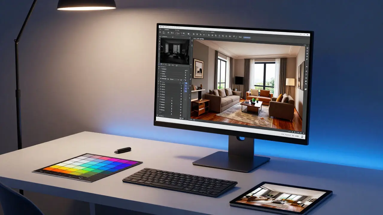 Postprodukce fotografií interiéru na monitoru s barevnou kalibrací