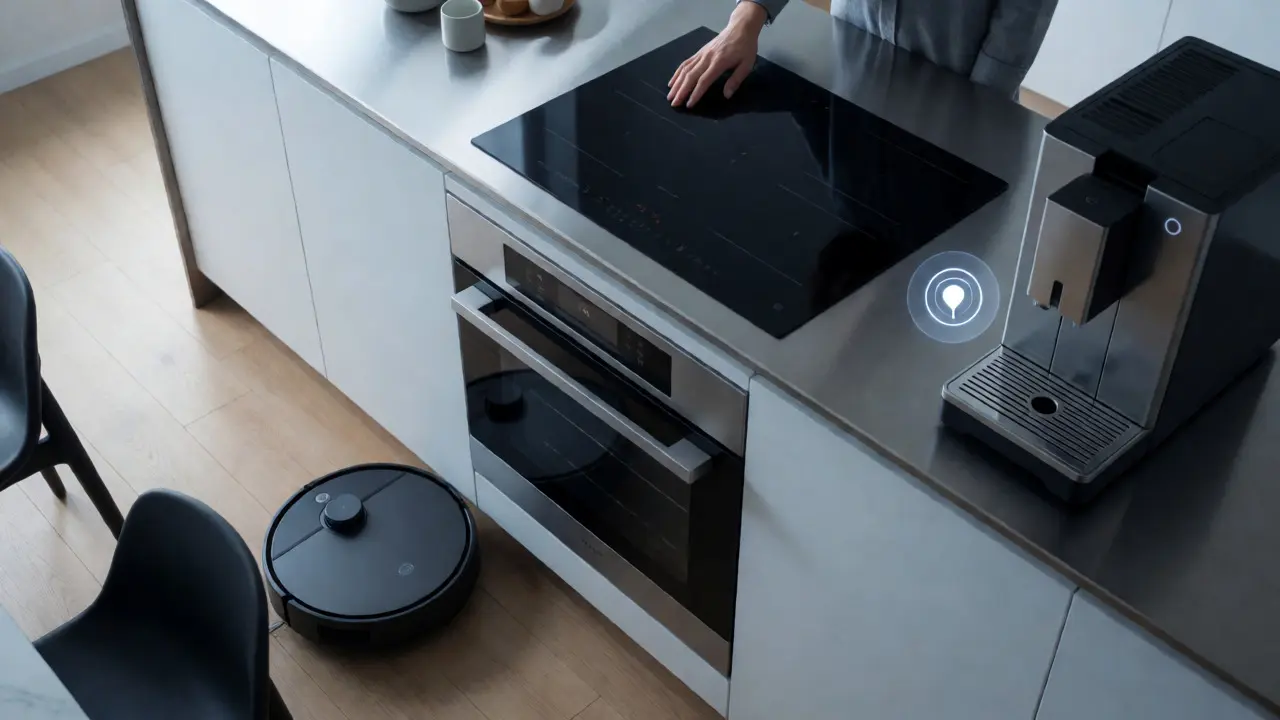 Robotický vysavač a indukční varná deska v kuchyni