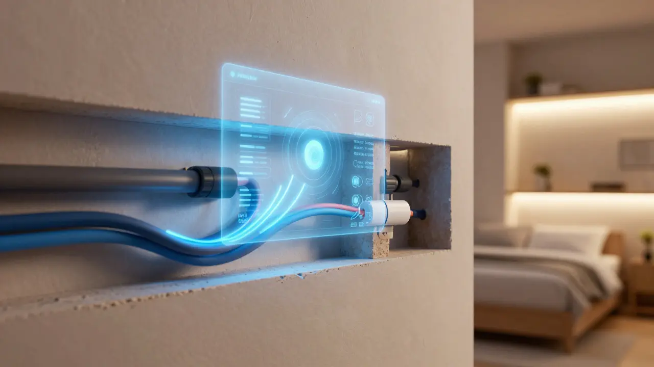 Schematický pohled na chytrou elektroinstalaci ve zdi