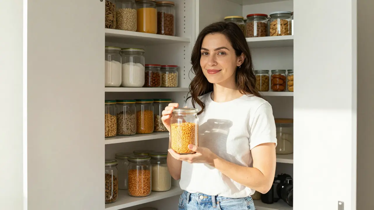 Žena s ekologickou nádobou před čistě uspořádanou spíží