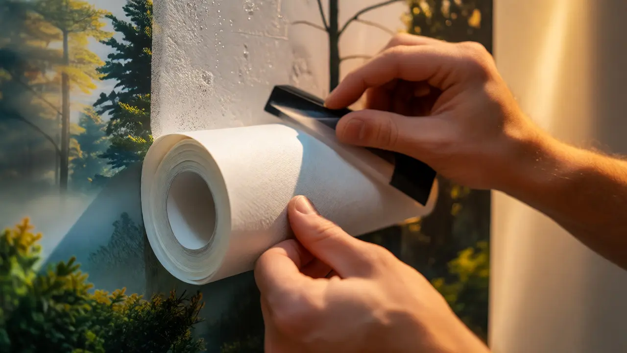 Detailní záběr na nanášení fototapety pomocí stěrky pro vyhlazení bublin