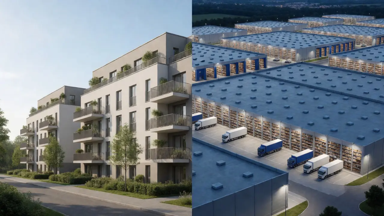 Kontrast mezi moderním nájemním bydlením a logistickým parkem