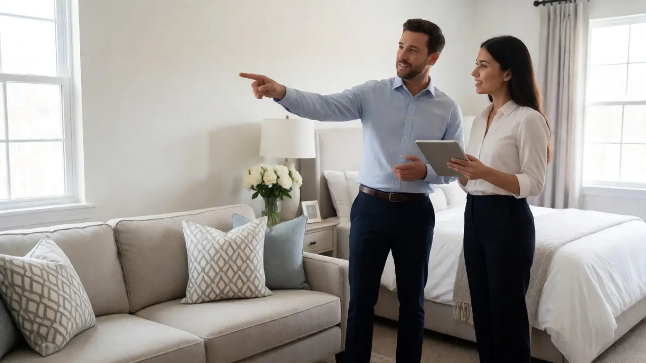 Makléř a home stager konzultují uspořádání nábytku v připravené ložnici