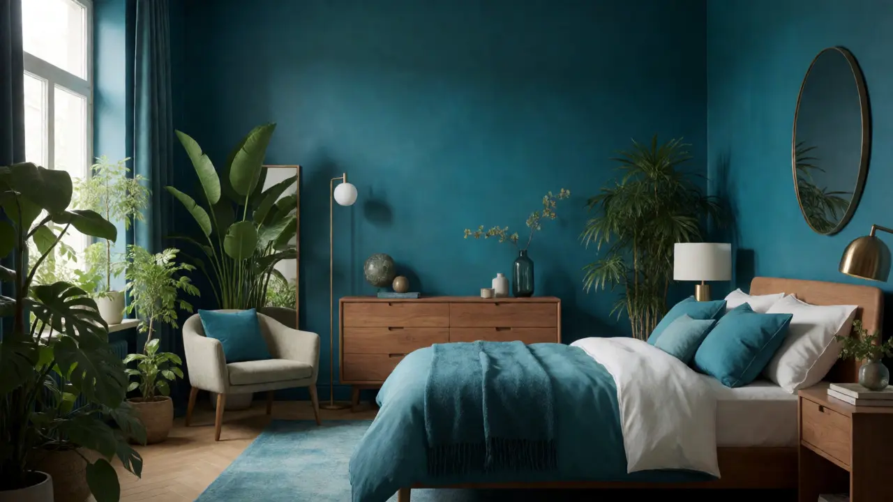 Moderní ložnice v trendy odstínu Transformative Teal s přírodními prvky