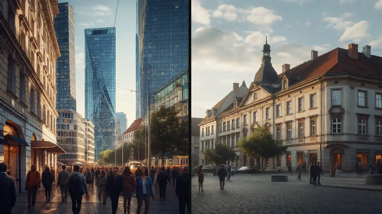 Porovnání rušného centra Prahy a klidnějšího regionálního města