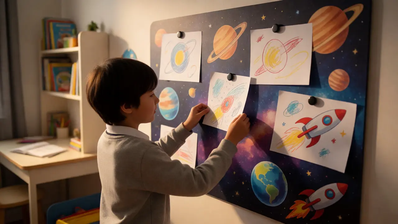 Školák připevňuje vlastní kresbu na magnetickou tabuli s kosmickými motivy ve svém pokoji.