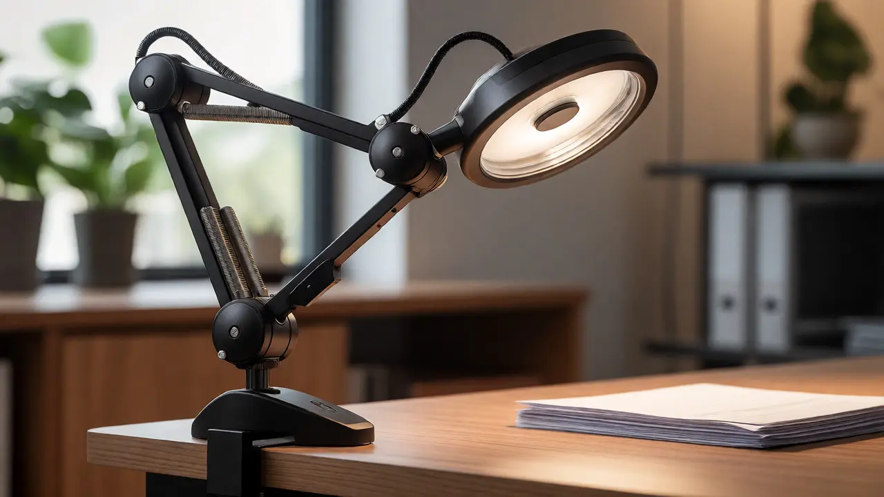 Stolní lampa s pevnou svorkou a nastavitelným ramenem pro ergonomické umístění nad dokumenty.