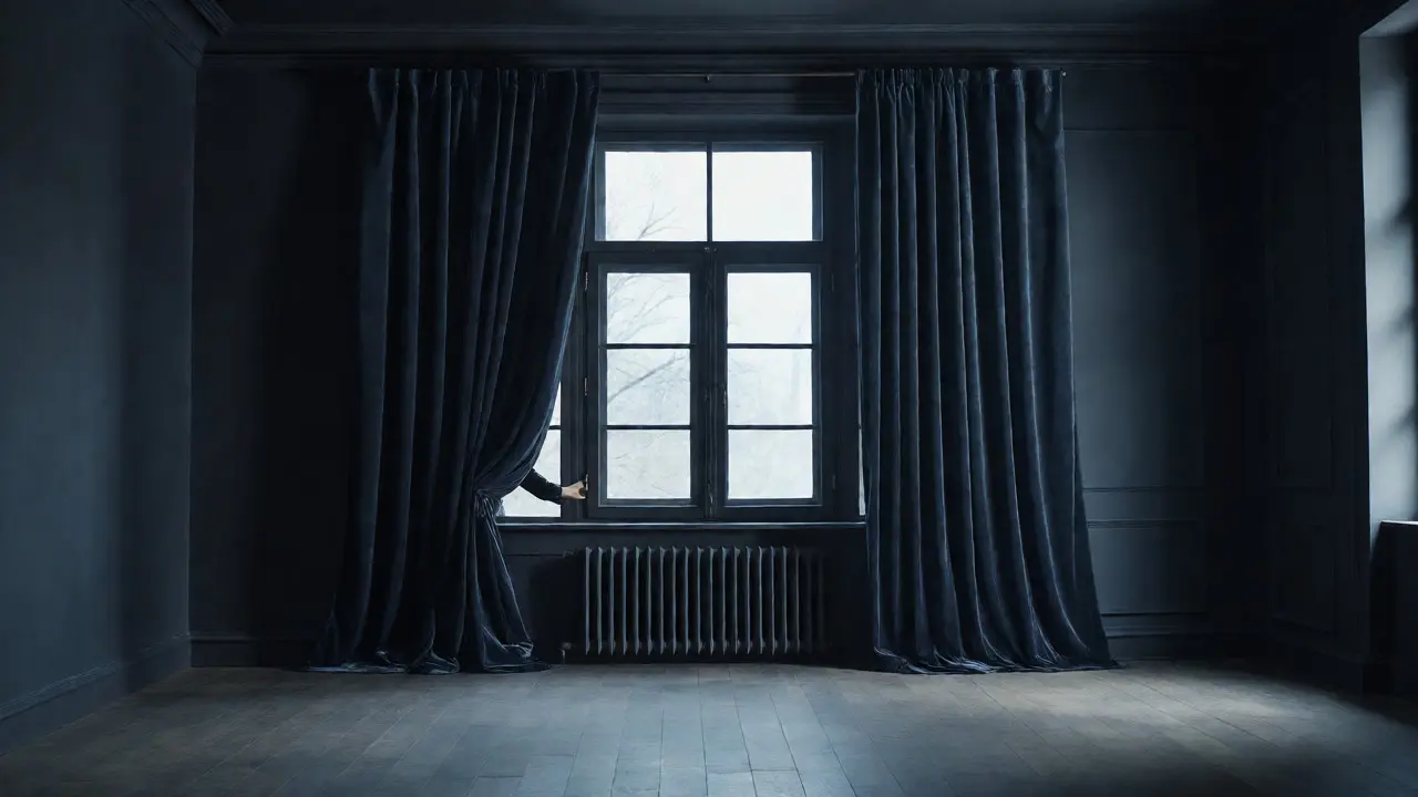 Tmavé sametové závěsy vytvářející intimní atmosféru ve velkém pokoji