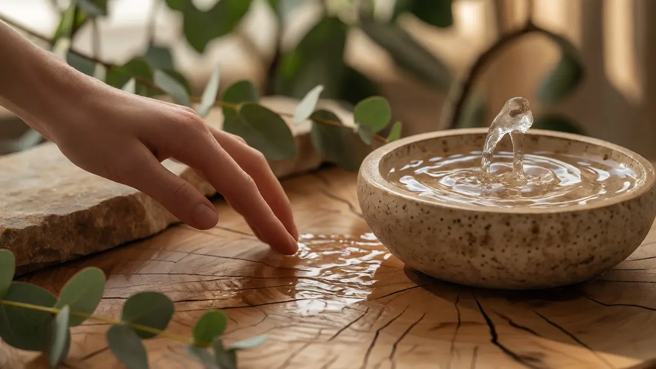 Detail dřeva a vody v biophilním interiéru