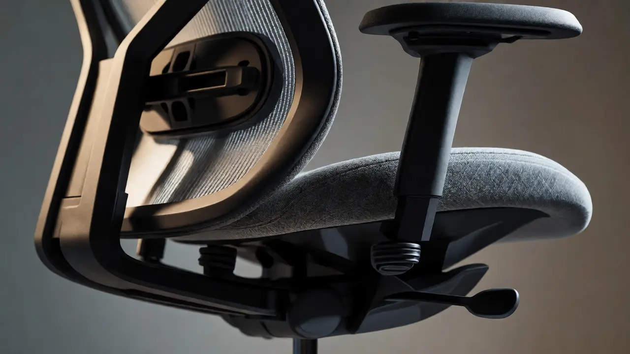Detail nastavitelné bederní opěrky a mechanismu ergonomické kancelářské židle