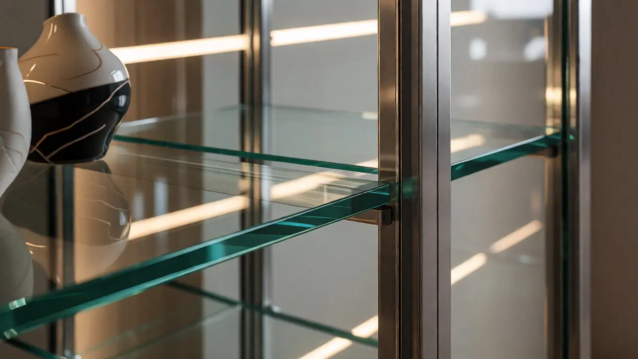 Detail skleněné vitríny s kovovými profily a LED podsvícením zvýrazňujícími materiály