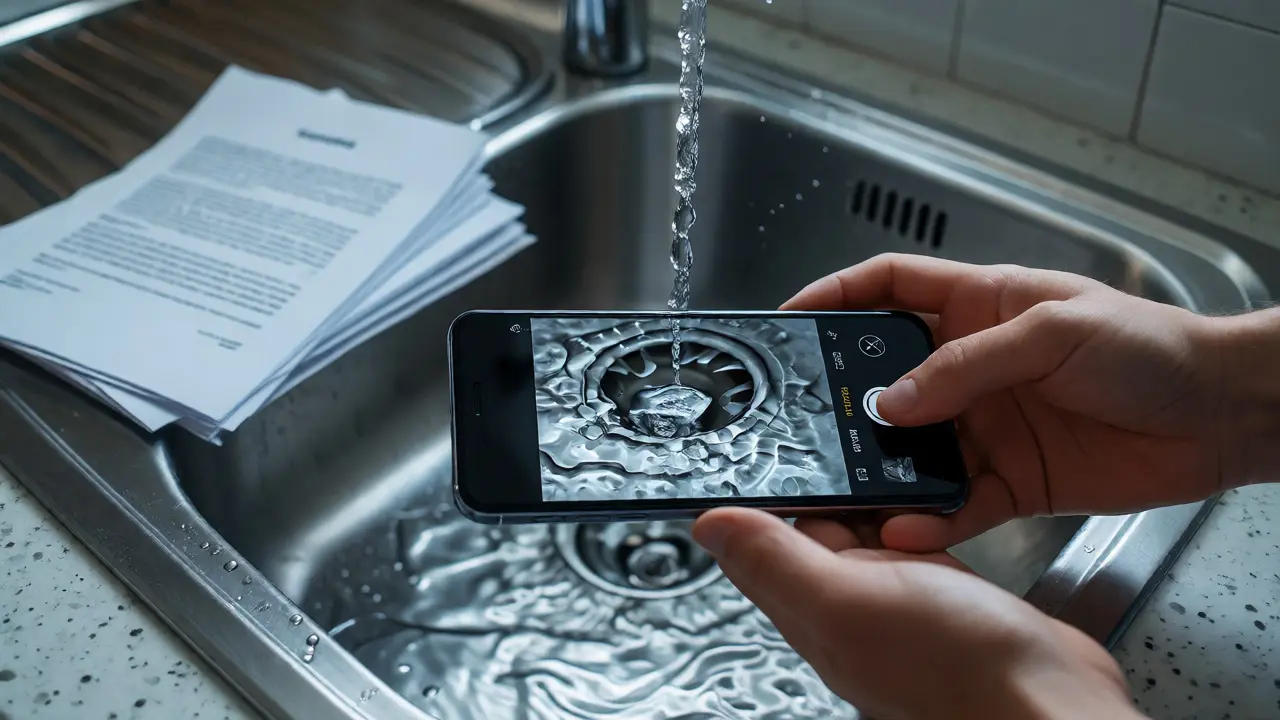 Focení kapajícího kohoutku pod dřezem pro reklamaci