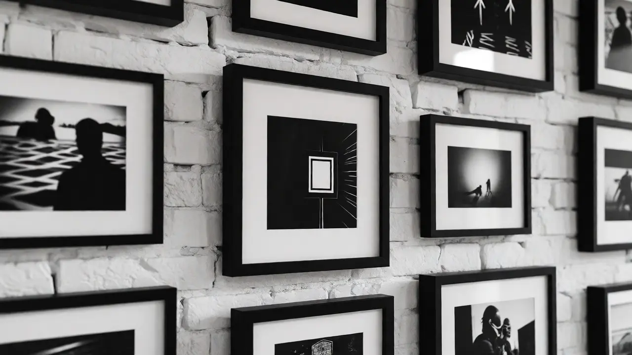 Galerijní stěna s černobílými fotografiemi v tenkých kovových rámech na cihlové zdi