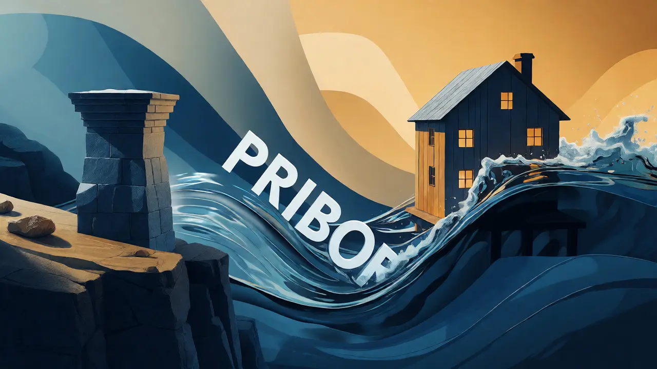 Konceptuální ilustrace stabilního pilíře proti plynulému toku sazeb PRIBOR.