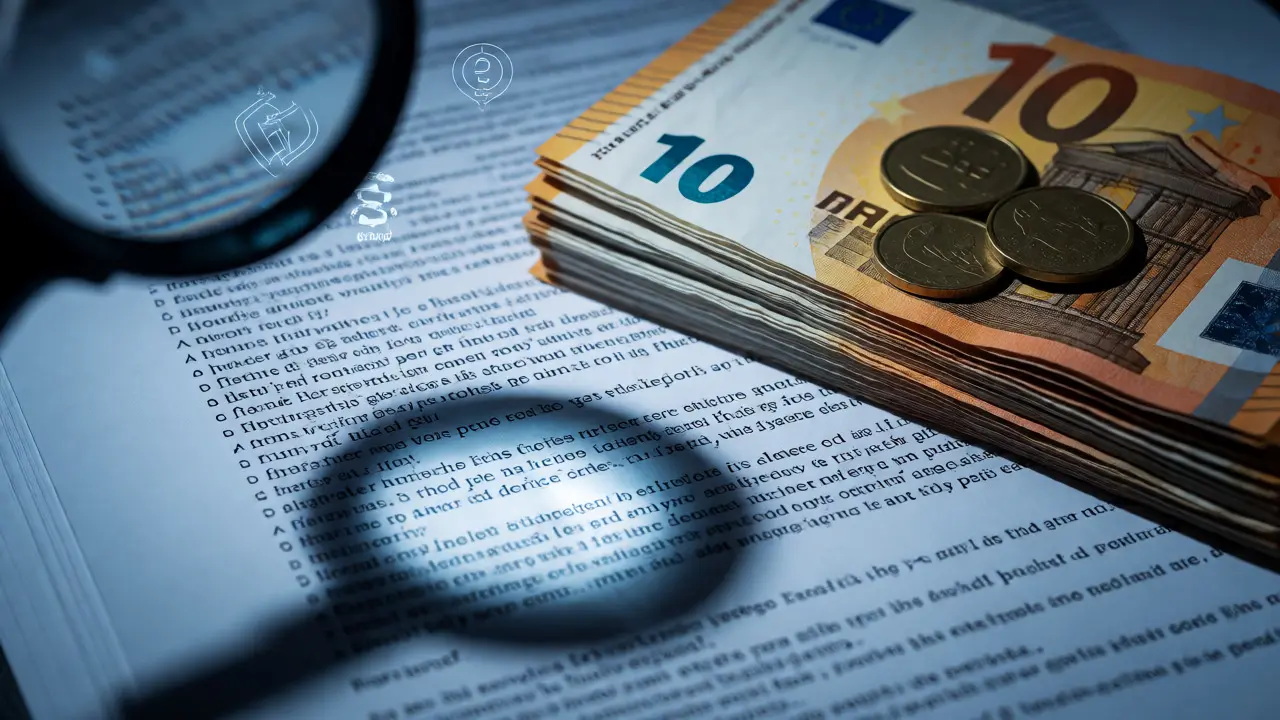 Lupa zkoumá drobný tisk na smlouvě ležící na penězích