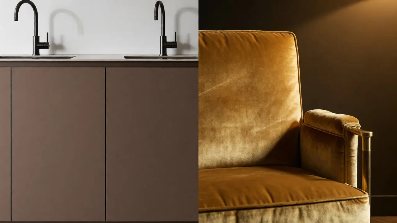 Porovnání interiéru v odstínu Mocha Mousse s černými prvky a luxusního zlatého stylu