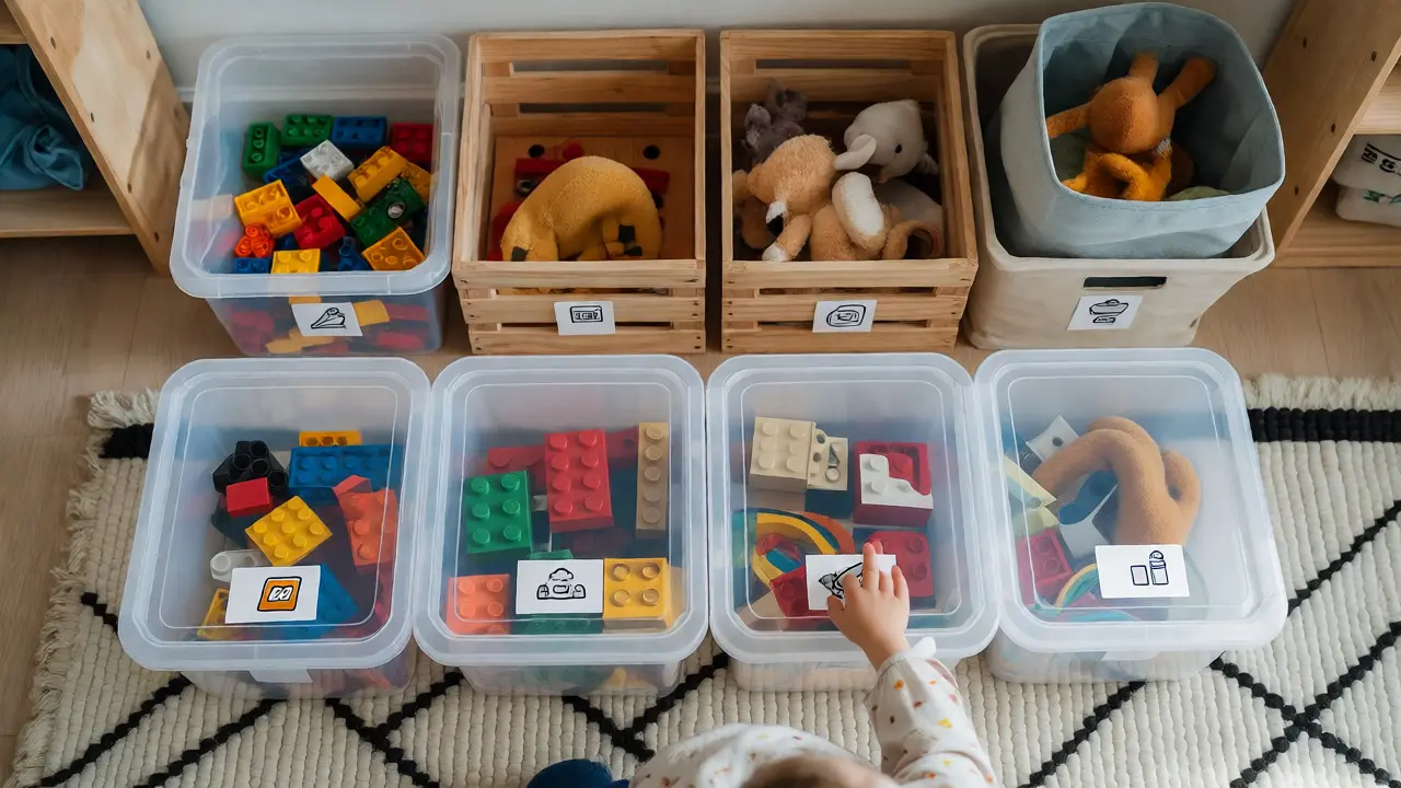 Přehledný systém úložných boxů na hračky na koberci
