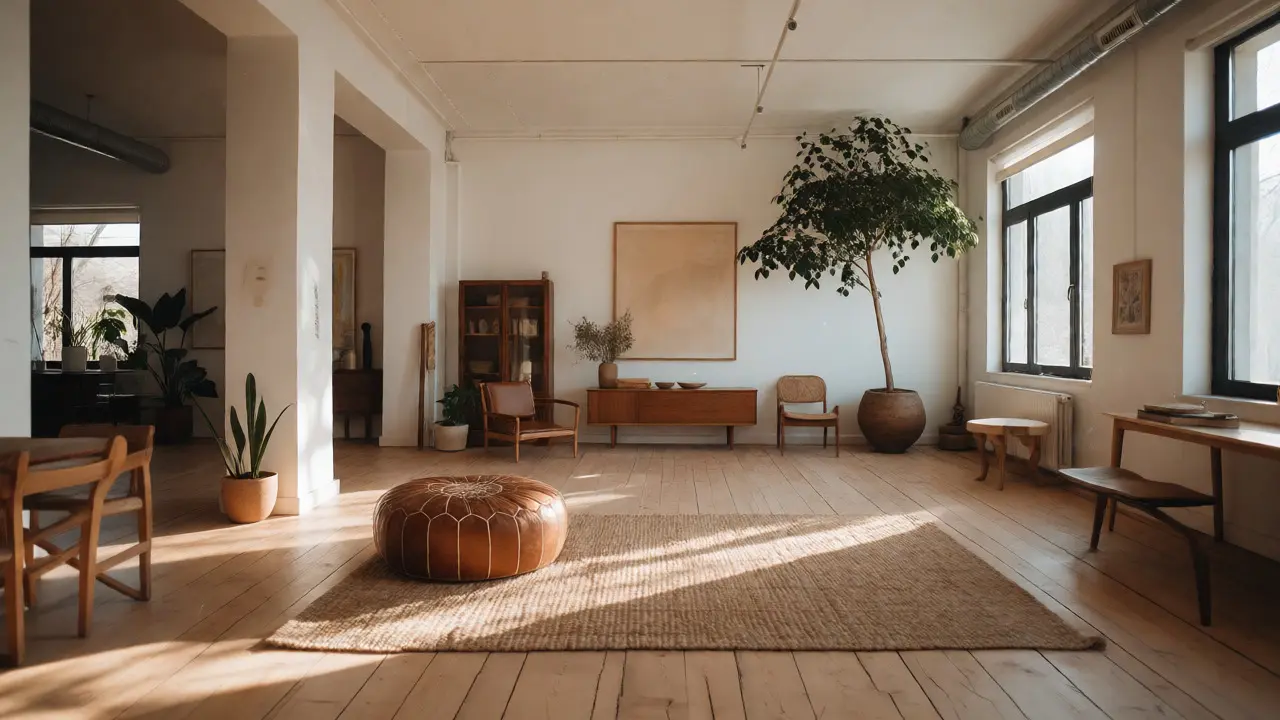 Prostor boho-minimalismu s přírodními materiály a světlem
