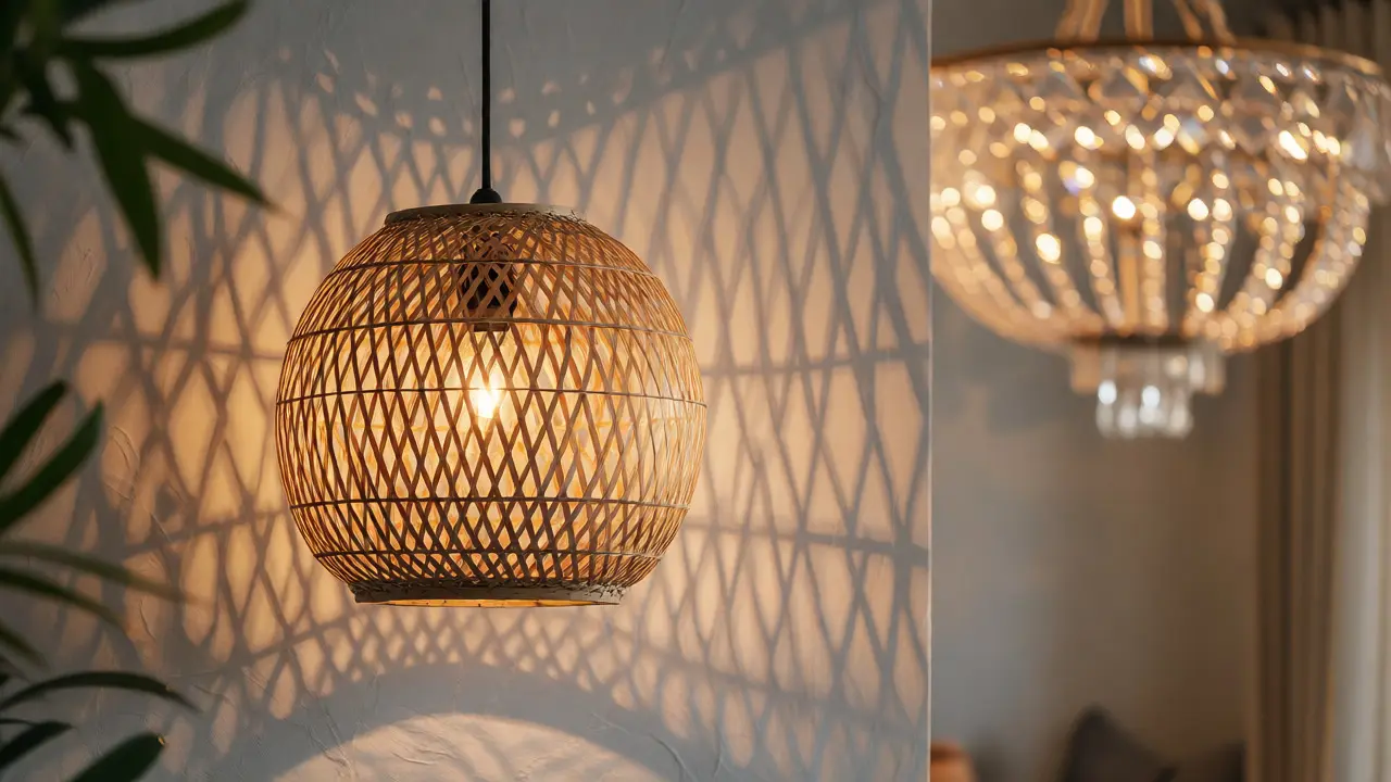 Ratanová lampa vrhající dekorativní stíny na zeď v obýváku