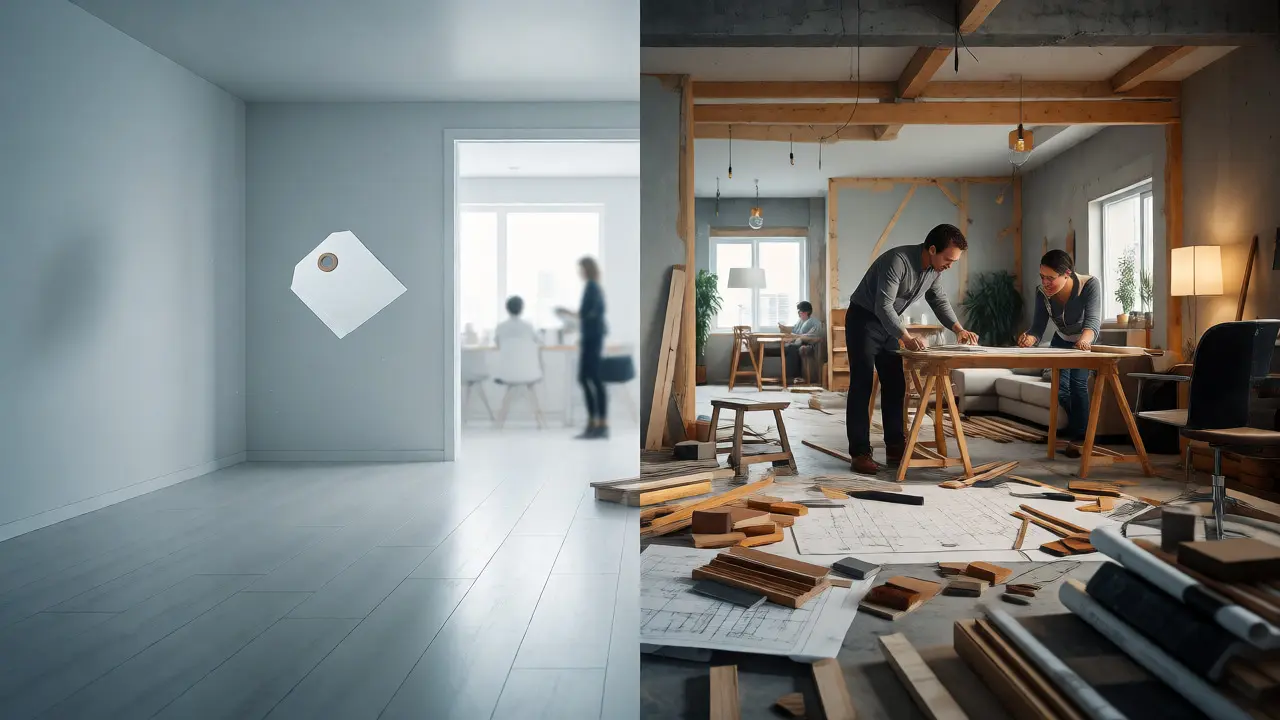 Rozdělená scéna porovnávající sterilní home staging s kreativním procesem interiérového designu.