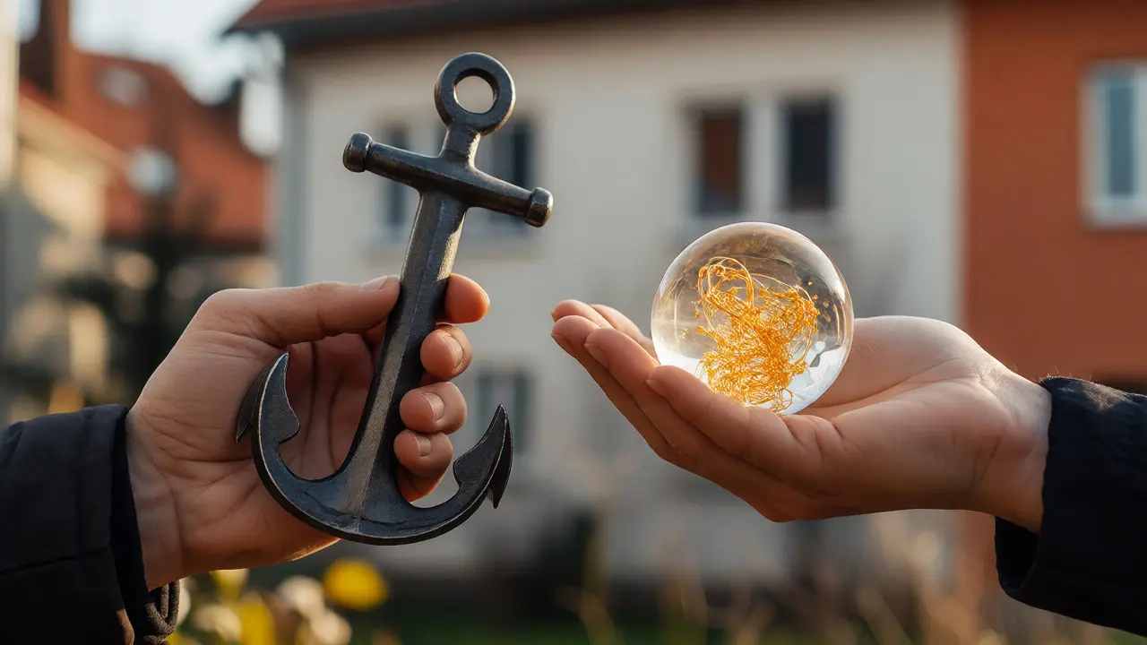 Ruce drží kotvu a křehkou kouli jako symbol fixní a variabilní sazby.