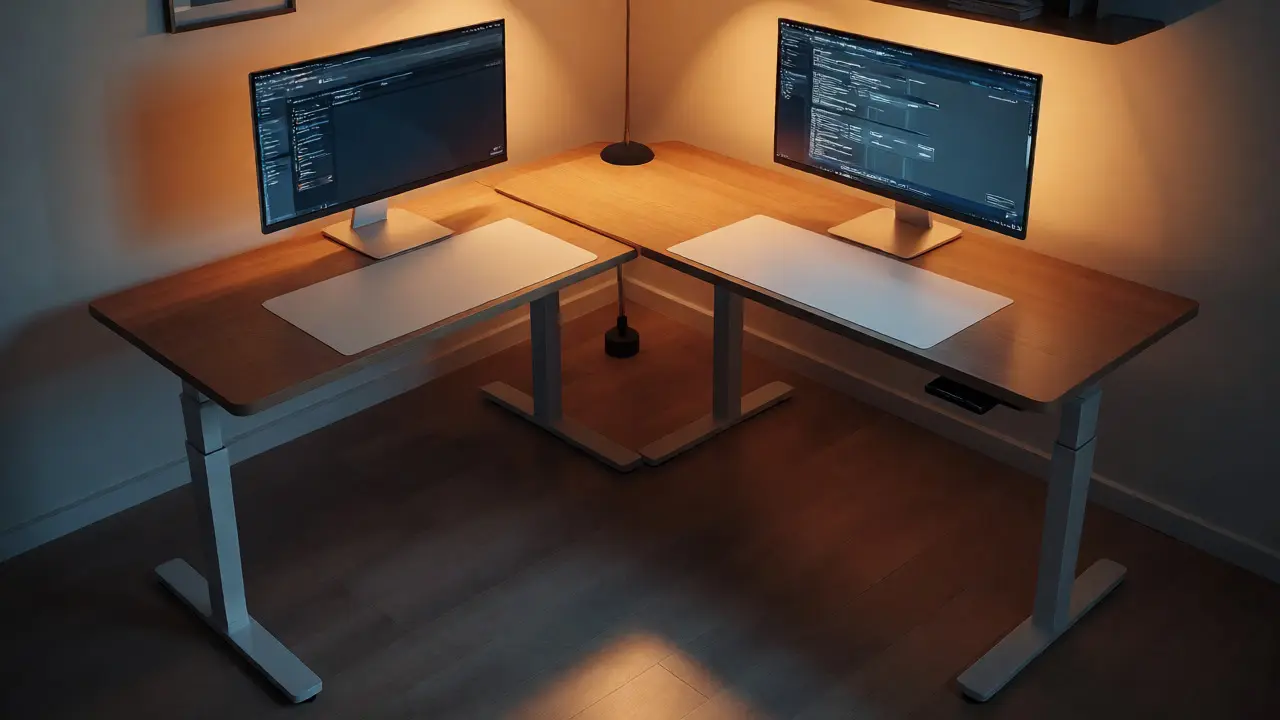 Široký pracovní stůl se dvěma monitory v moderní domácnosti