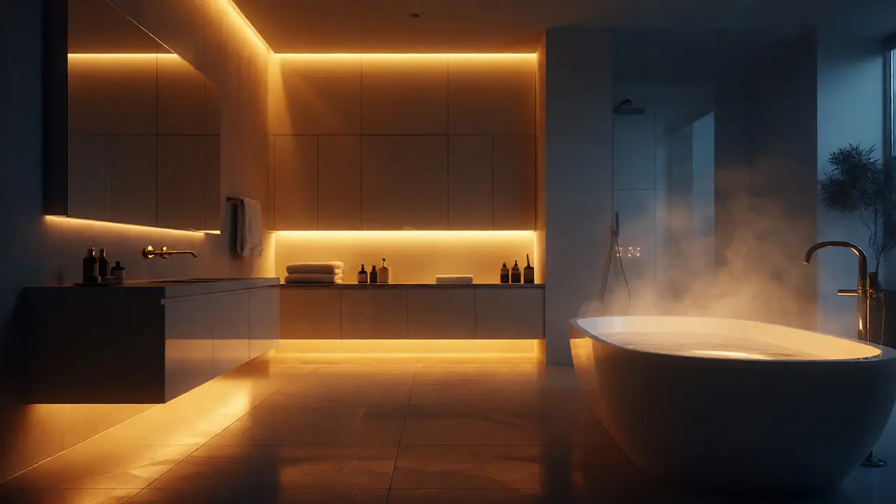 Teplé akcentní osvětlení pod vanou vytváří relaxační večerní atmosféru.